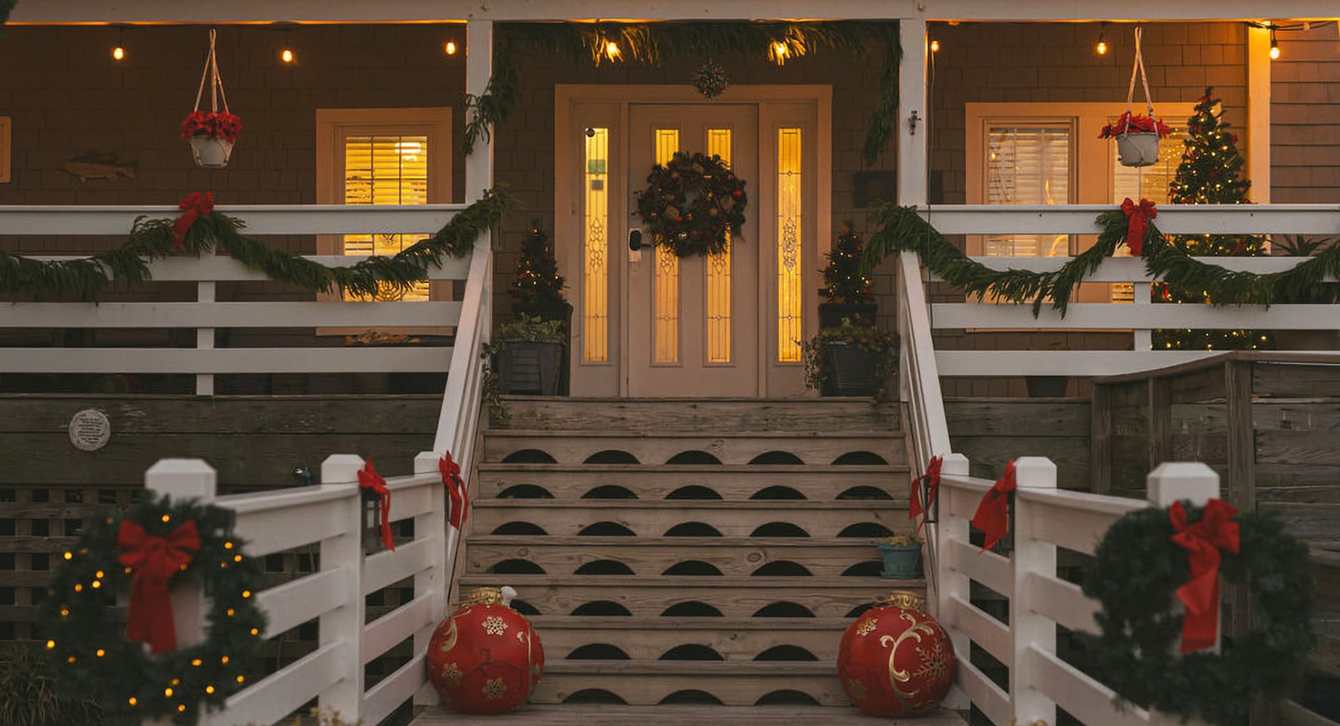 A warmly lit entrance adorned with Christmas decorations, including wreaths and strings of lights.